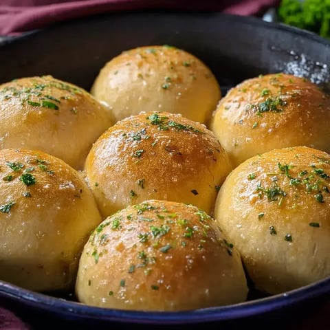 Eine Schüssel mit Brötchen und grüner Garnitur.