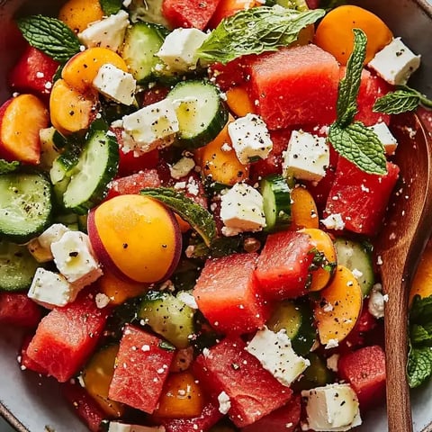 Eine Schüssel Obstsalat mit Feta-Käse.