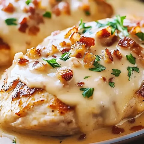 Ein Teller mit Hähnchen, Speck und Käse.