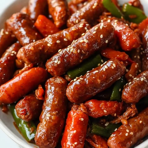 Eine Schüssel mit herzhaften Würstchen und Gemüse.