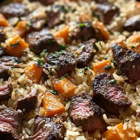 Nahaufnahme eines Gerichts mit Reis und Fleisch.