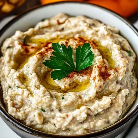 Eine cremige Creme mit Petersilie garniert in einer Schüssel.