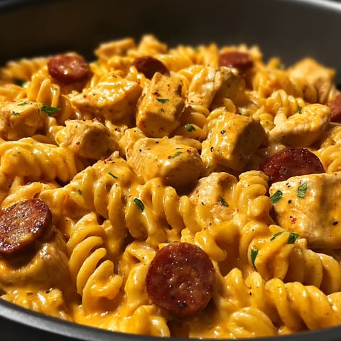 Eine Schüssel Pasta mit Hähnchen und Gemüse.
