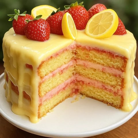 Ein Kuchenstück mit Erdbeeren und Zitrone.