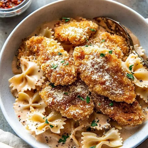 Eine Schüssel Pasta mit Hühnchen und Käse.