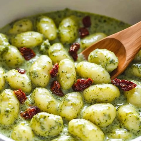 Eine Schüssel Pasta mit roten Paprika und grüner Soße.