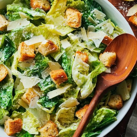 Eine Schüssel Salat mit Croutons und Käse.