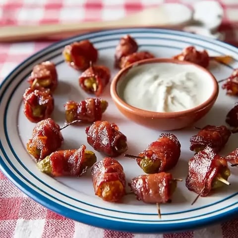 Eine Platte mit baconumwickelten Appetizer und einer Schale Dip.