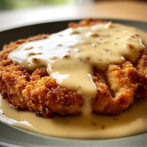 Ein Teller mit knusprigem Steak und Soße.