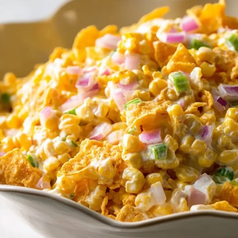 Eine Schüssel Nachos mit Käse und Mais.