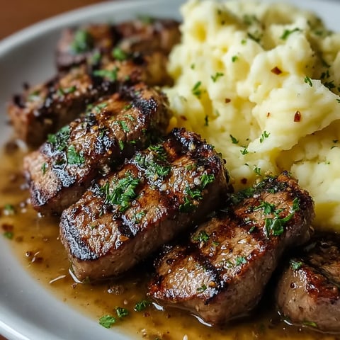 Ein Teller mit Fleisch und Kartoffeln.
