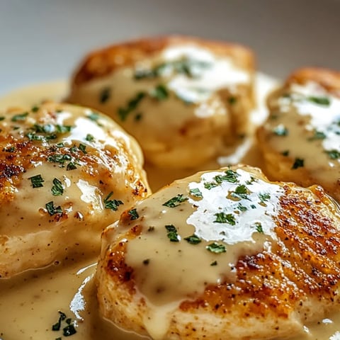 Ein Teller mit Huhn und Käsesauce.