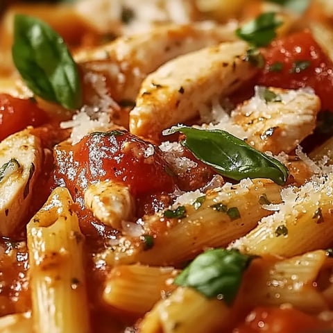 Ein Teller Pasta mit Huhn und Tomaten.