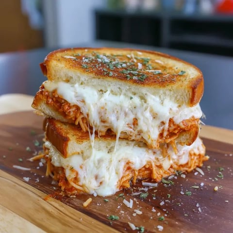 Ein Sandwich mit Fleisch und Käse auf einem Holzbrett.