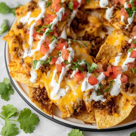 Ein Teller Nachos mit weißem Käse und Tomaten.
