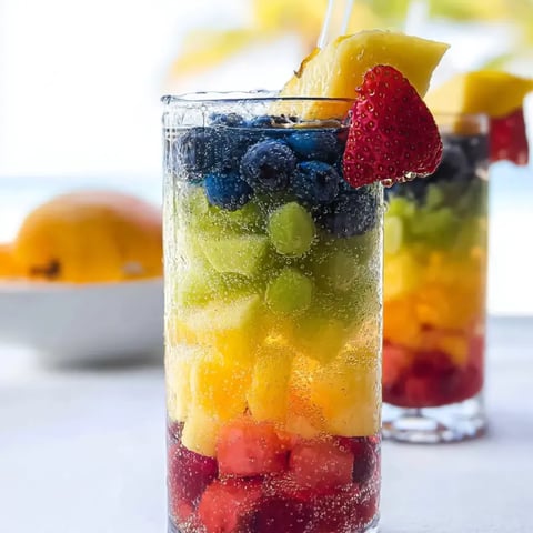 Ein Glas mit Saft, Erdbeeren und Blaubeeren.