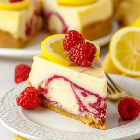 Ein Stück Zitronen-Cheesecake mit Himbeeren obendrauf.