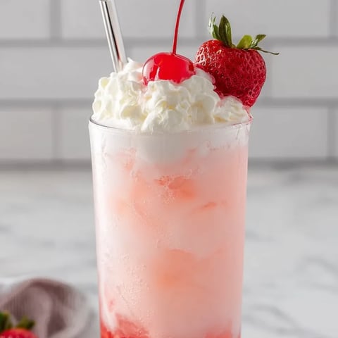 Ein Glas rosa Limo mit Kirsche obendrauf.