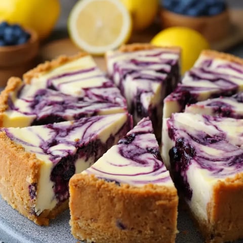 Ein Stück Kuchen mit Blaubeeren und Zitrone.