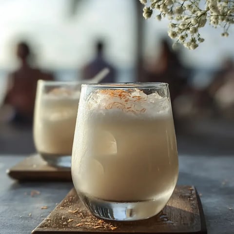 Zwei Gläser Milch mit orangenen Sprenkeln auf einem Tisch.