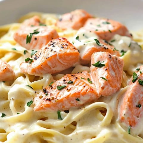Teller Pasta mit Lachs und frischen Kräutern.