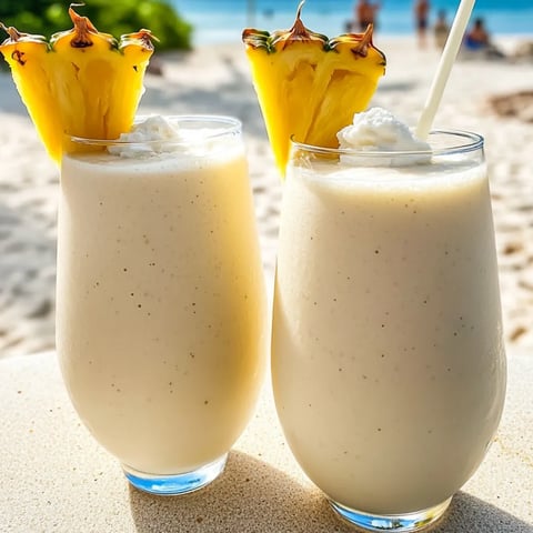 Zwei Gläser mit Ananas-Smoothie auf einem Tisch.
