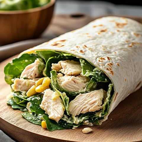 Ein Chicken-Wrap auf einem Holzbrett.