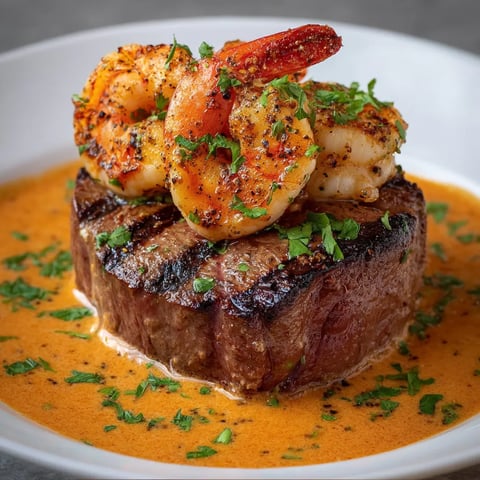 Steak mit Shrimps in cremiger Sauce.