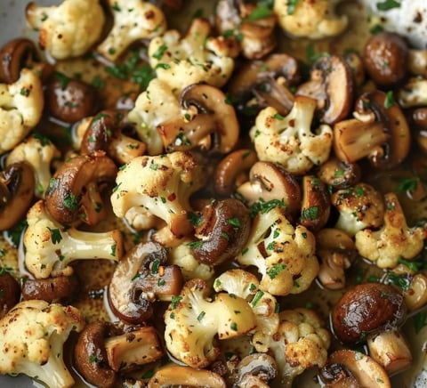 Nahaufnahme Pilze mit Blumenkohl.