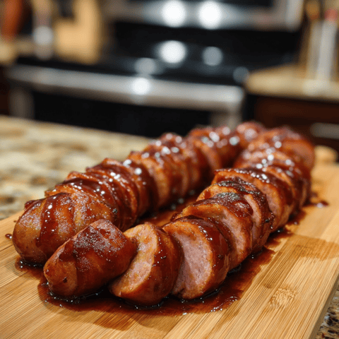 Auf einem Holzbrett liegen zwei Würste.