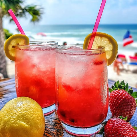 Zwei Gläser mit pinker Limonade und Zitronenscheiben auf einem Tisch.