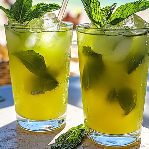 Zwei Gläser grüner Tee mit Minzblättern.