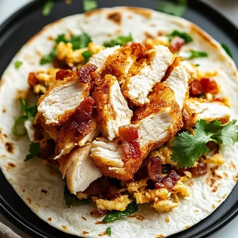 Huhn und Bacon auf einer Tortilla gestapelt.