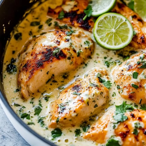 Hähnchen serviert in einer Schüssel, getoppt mit Limettenscheiben und Koriander.