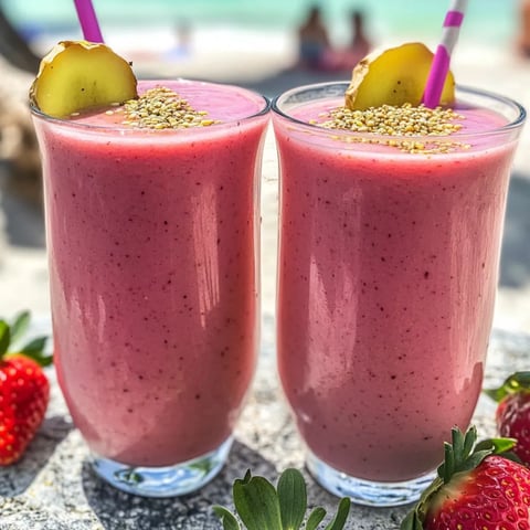 Zwei Gläser mit pinkem Erdbeergetränk gefüllt.