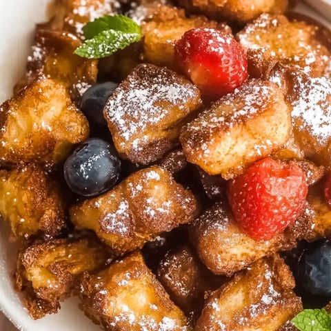 Schüssel voller Toastbissen mit frischem Obst obendrauf.