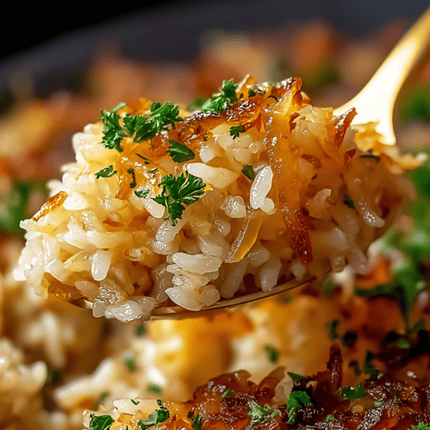 Mit dem Löffel wird fluffiger Reis serviert.