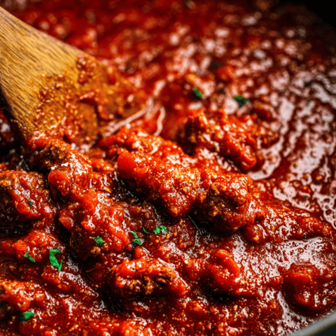 Ein Holzlöffel steckt in einem Topf roter Sauce.