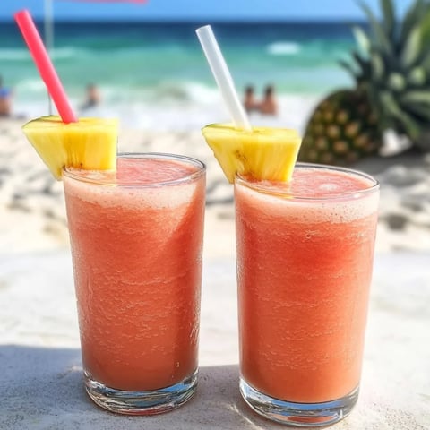 Zwei Gläser mit pinkem Getränk auf einem Tisch.