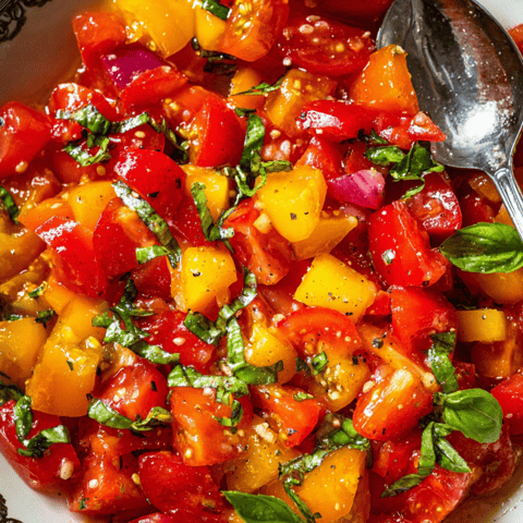 Eine Schale mit Tomaten und Basilikum.