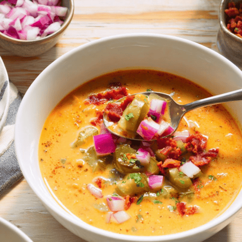 Eine Schale Suppe, Löffel steckt drin.