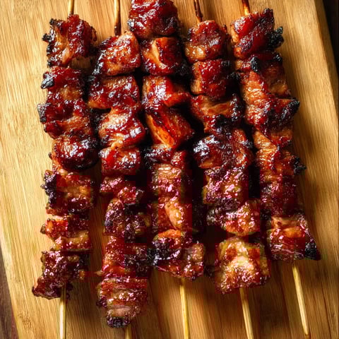 Holzbrett mit gegrilltem Fleisch.