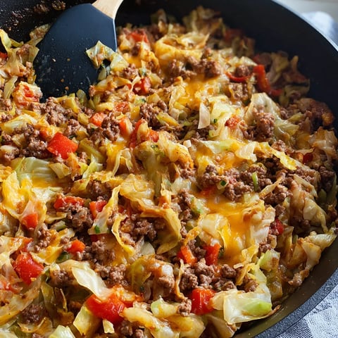 Eine volle Pfanne mit Essen und Holzlöffel.