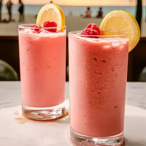 Zwei Gläser pinkes Getränk mit Zitronenscheiben.