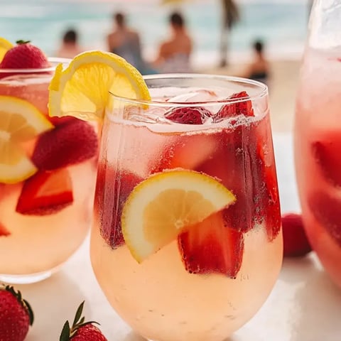 Zwei Gläser rosa Limonade mit Erdbeeren.