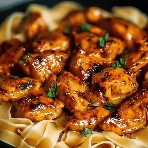 Ein Teller mit Hähnchen und Nudeln.