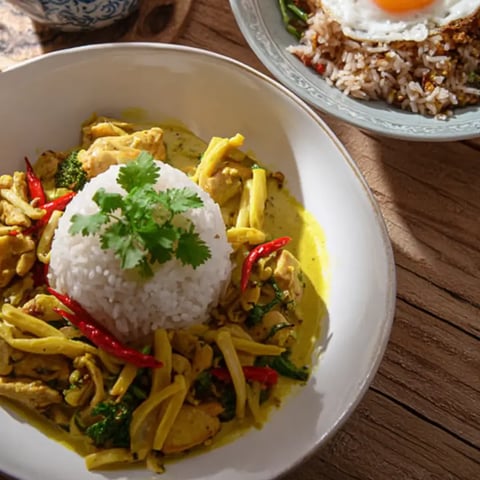 Ein Teller mit Reis und Huhn.