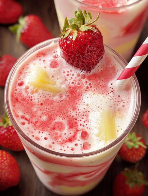 Ein Glas mit Erdbeer Colada Smoothie und einer Erdbeere obendrauf.