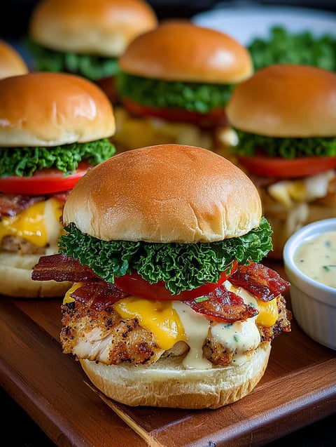 Teller mit kleinen Hähnchenbrötchen, Salat und Tomate.
