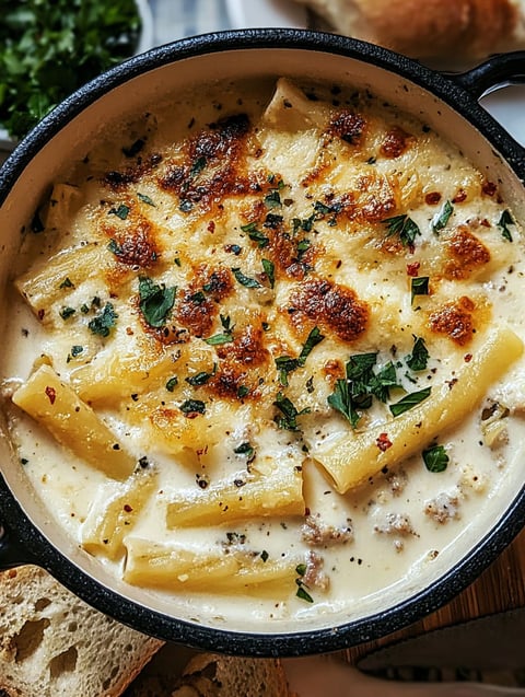 Eine Schüssel weiße Lasagne Suppe.